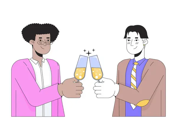 男同性恋配眼镜2D线形卡通人物 迷恋同性恋男友孤立线向量人白人背景 烤香槟酒长笛色斑图解 — 图库矢量图片