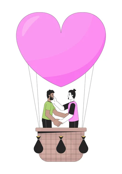 Freunde Die Auf Einem Heißluftballon Lineare Zeichentrickfiguren Schweben Verliebte Homosexuelle — Stockvektor