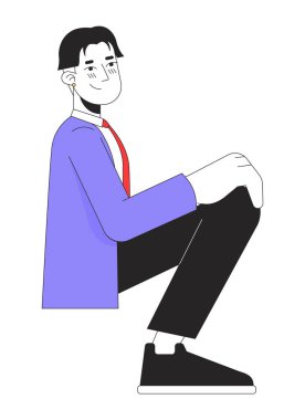 Mezuniyet balosunda Koreli genç adam 2D çizgi film karakteri giyersin. Utangaç Asyalı erkek izole edilmiş çizgi taşıyıcısı beyaz arka plan. Lise mezuniyet partisi renk düz nokta illüstrasyonu