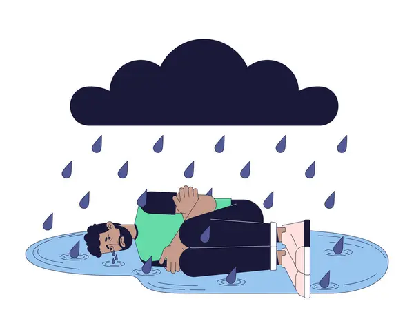 Breakdown Emotional Stress Linear Illustration Concept Winter Sadness Black Man — Stock Vector