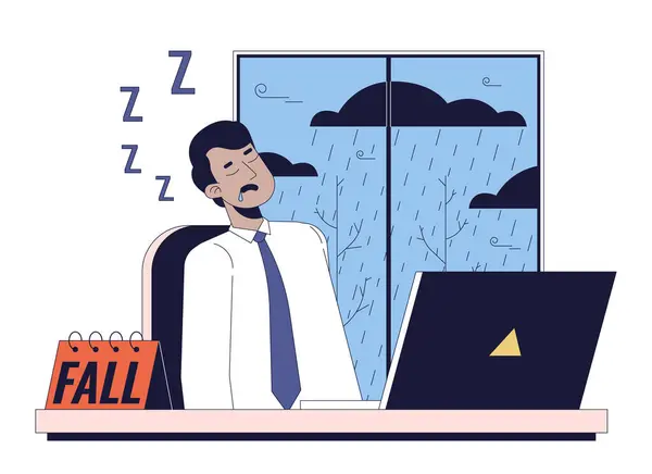 Sad Fatigue Workplace Line Cartoon Flat Illustration Sluggish Tired Employee — Stock Vector