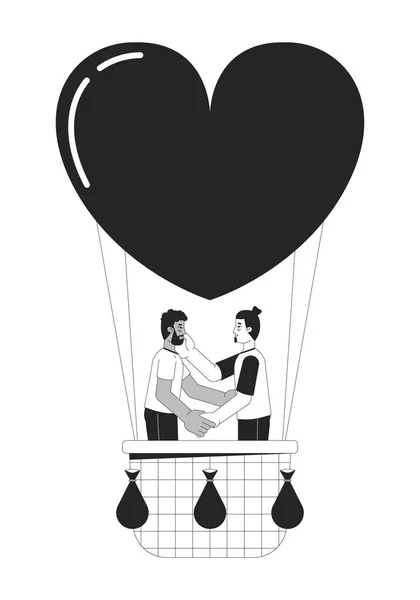 男朋友们在热气球上漂浮着黑色和白色的2D线条卡通人物 迷恋的男同性恋夫妇孤立的病媒轮廓人 浪漫的日期气球单色扁平点画 — 图库矢量图片