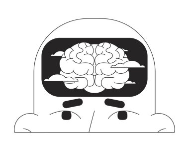 Beyin sisi siyah-beyaz 2D çizim konsepti. Bitkin, zihinsel bulutlar çizgi film karakteri kafası beyaza izole edilmiş. Yanma sendromu. Mevsimsel duygusal bozukluk metaforu monokrom vektör sanatı