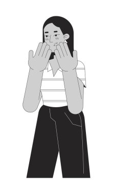 Utangaç, orta doğulu, yetişkin bir kadın siyah beyaz çizgi film karakteri. Arap mutlu kız izole edilmiş vektör çizgisi kişisi. Pozitif duygu monokromatik düz nokta çizimi