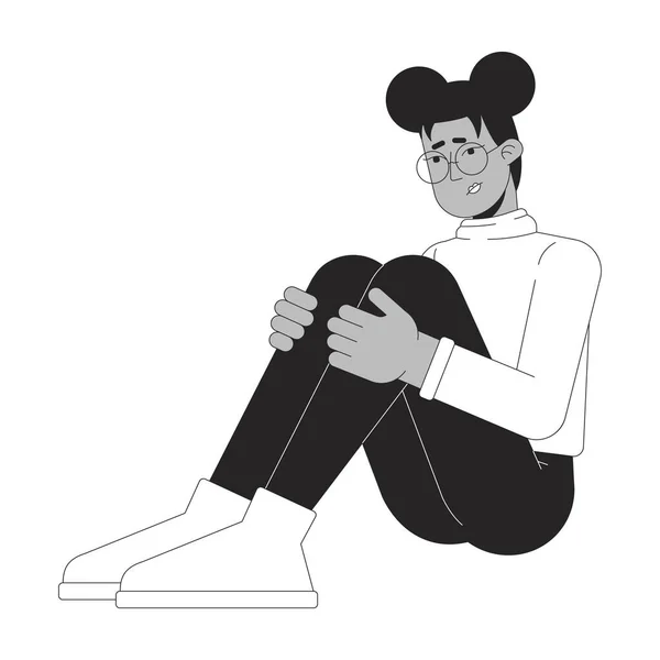 Tired African American Woman Hugging Knees Black White Line Cartoon — Stock Vector