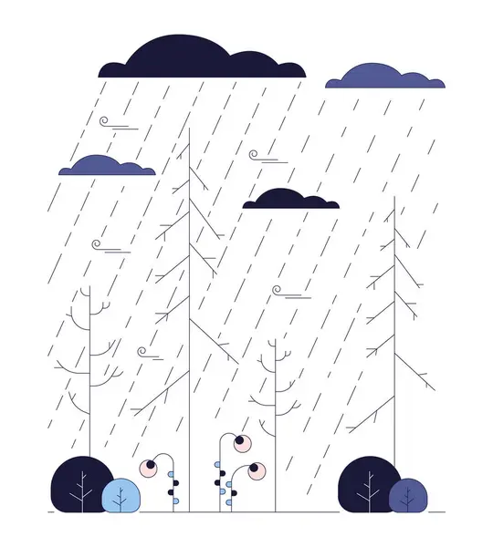 Autumn rainy weather line cartoon flat illustration. Fall season rainfall 2D lineart landscape isolated on white background. Gloomy october, september. Heavy rain park scene vector color image