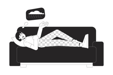 Depressed female patient lying on sofa black and white 2D line cartoon character. Winter blues sad asian woman isolated vector outline person. Seasonal depression monochromatic flat spot illustration