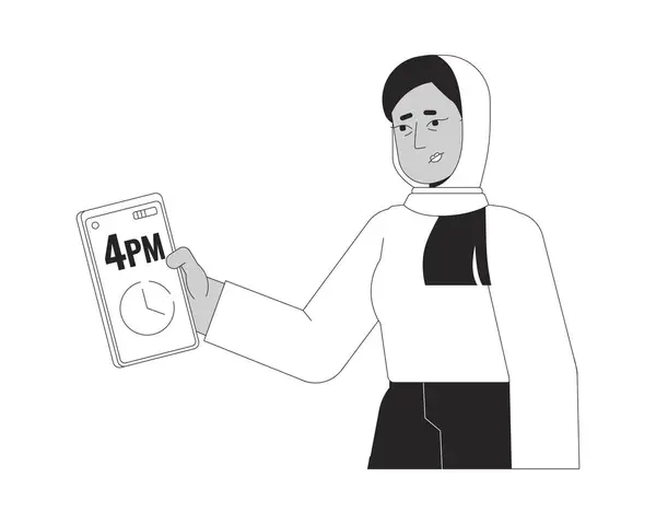Exhausted Hijab Woman Checking Time Cellphone Black White Line Cartoon — Stockvector