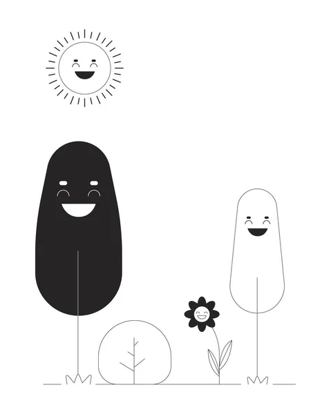 Rośliny Korzystające Słoneczny Dzień Czarno Biały Rysunek Płaska Ilustracja Uśmiechnięte — Wektor stockowy