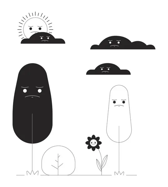 Sad Plants Gloomy Weather Black White Cartoon Flat Illustration Autumn — Stockvector