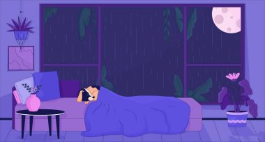 Gece yatakta uyuyan köpek yağmurlu 2D karikatür arka planı. Uykulu köpek yavrusu yaşam tarzı renkli estetik vektör çizimi, hiç kimse. Dolunay gecesi yatak odası düz çizgi duvar kağıdı sanat, lofi resim