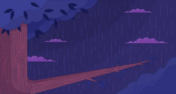 Oak tree branch on rain forest night 2D cartoon background. Autumn nighttime rainy weather colorful aesthetic vector illustration, nobody. Woodland rainfall flat line wallpaper art, lofi image