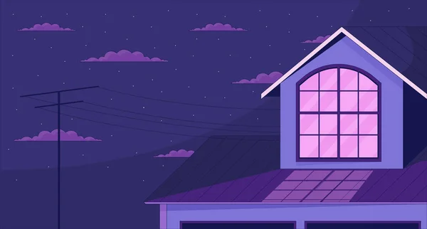 星空の夜の雲の外側の窓の屋外で2D漫画の背景 夜の屋根の家屋の屋外の多彩な審美的なベクターのイラスト コテージ夜フラットライン壁紙アート ラフィックイメージ — ストックベクタ
