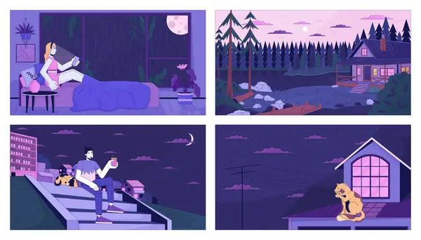 Recreation adults dusk lofi wallpapers set. Sleepless night, cozy cabin 2D cartoon flat illustrations collection. Relax man dog, cat on roof chill vector art pack, lo fi aesthetic colorful backgrounds