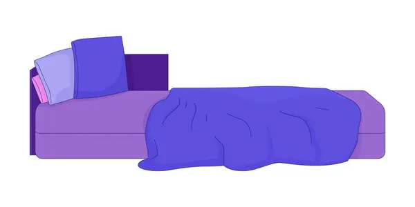 凌乱的床2D线形卡通人物 未做的床枕 皱皱的皱皱毛毯隔离线矢量元白色背景 下午宁静的卧房家具色彩斑斓的图解 — 图库矢量图片
