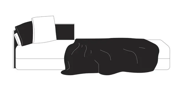 脏乱的床黑白相间的2D线条卡通人物 未做的床枕 皱皱皱皱的毛毯隔离病媒轮廓项目 平静的下午卧房家具单色平面插画 — 图库矢量图片