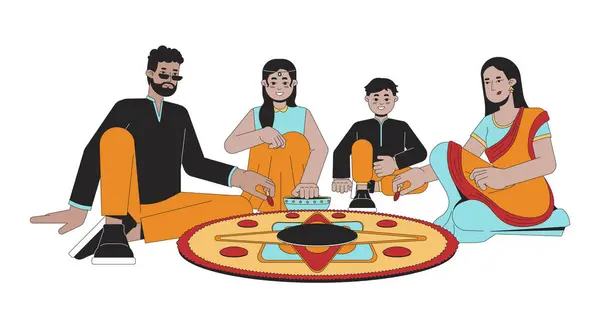 Indische Familie Die Diwali Rangoli Linie Cartoon Flache Illustration Glückliche — Stockvektor