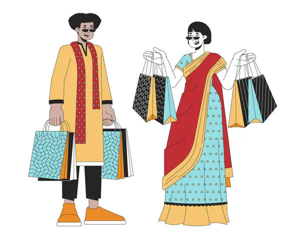 Diwali Подарочные Пакеты Линии Мультфильма Плоская Иллюстрация Индийская Этническая Одежда — стоковый вектор
