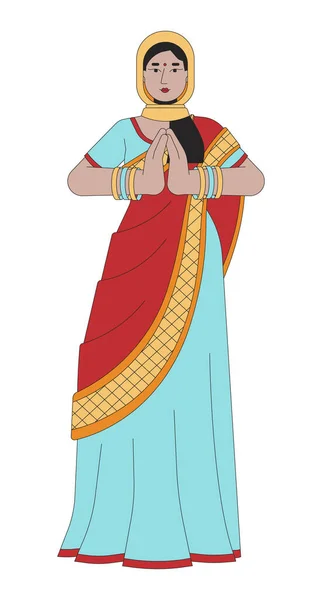 Saree Joven Mujer Rezando Diwali Línea Dibujos Animados Ilustración Plana — Vector de stock