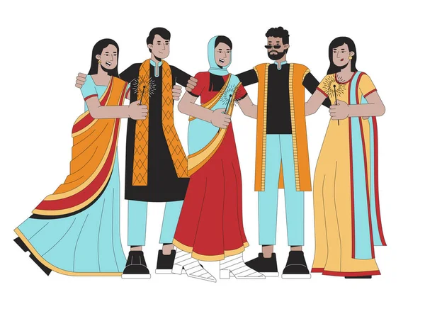 ディワリフェスティバルスパークルライン漫画フラットイラスト 民族的な南アジア人を祝うことは 白い背景に隔離された2D線形文字を身に着けています ハッピーディープアワリシーンベクターカラー画像 — ストックベクタ