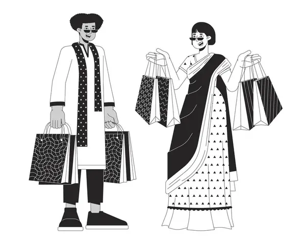 Diwali Geschenktüten Schwarz Weiß Cartoon Flache Illustration Indische Volksgruppen Tragen — Stockvektor