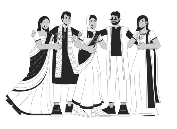 Diwali Festival Brilla Bianco Nero Cartone Animato Piatto Illustrazione Celebrare — Vettoriale Stock