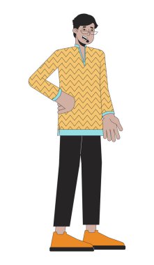 Gözlüklü adam geleneksel kostüm 2D çizgi film karakteri. Arap kurta erkek yetişkin izole çizgi taşıyıcısı beyaz arka plan. Hindu ışık festivali Deepawali renk düz nokta illüstrasyonu