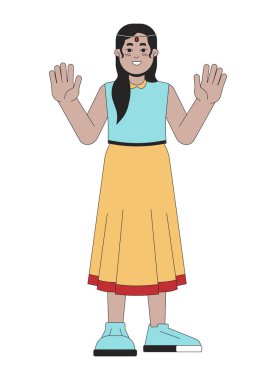 El sallayan mutlu Güney Asyalı kız etnik 2D çizgi film karakteri. Genç izole edilmiş vektör beyaz arka plan. Hindu ışık festivali Deepawali renk düz nokta illüstrasyonu