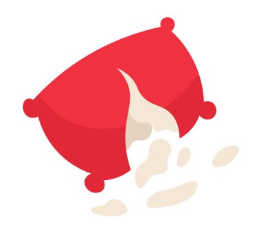 Tüylü yastık 2D çizgi film nesnesini yırt. Hasarlı koltuk yastığı tüyleri döküyor. Yırtılmış yastık izole edilmiş vektör öğesi beyaz arkaplan. Yatak tekstili karışıklığı. Yastık kılıfı yırtılmış düz nokta çizimi