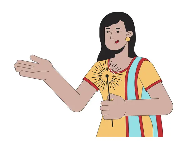 Saree India Dama Sosteniendo Chispeante Personaje Dibujos Animados Lineales Pelo — Vector de stock