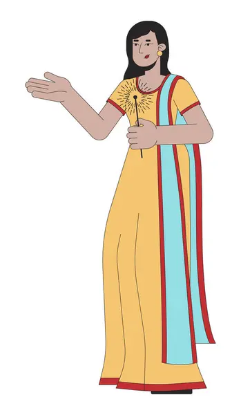 Gruß Südasiatische Frau Mit Bengalischem Licht Lineare Zeichentrickfigur Saree Weiblichen — Stockvektor