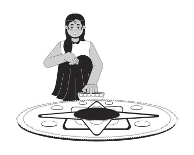 Gülen Hintli genç kız Kolam 'ı siyah beyaz çizgi film karakteri yapıyor. Güney Asyalı kadın izole vektör çizgisi kişisi. Hindu festivali Deepawali tek renkli düz nokta illüstrasyonu