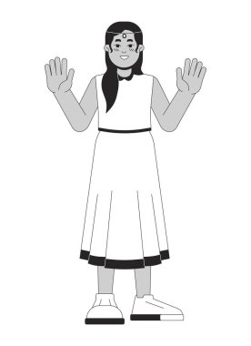 El sallayan mutlu Güney Asyalı kız etnik siyah beyaz çizgi film karakteri. Genç izole edilmiş vektör çizgisi kişisi. Hindu ışık festivali Deepawali monokromatik düz nokta illüstrasyonu