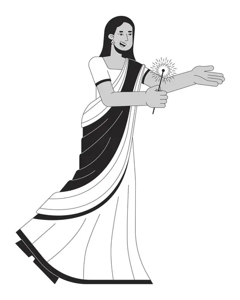 白黒2Dライン漫画のキャラクターと幸せな女性を身に着けているサリ ウォーキング女性孤立したベクターアウトライン人 ライトのヒンドゥーの祭り モノクロマティックなフラットスポットイラスト — ストックベクタ