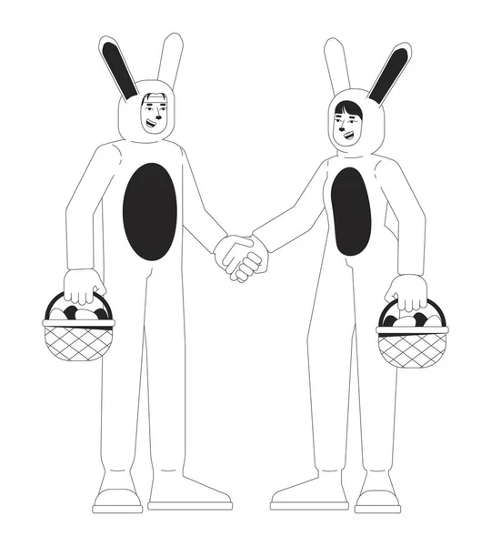 Para Króliczków Koszykami Wielkanocnymi Czarno Biały Rysunek Płaska Ilustracja Zabawna — Wektor stockowy
