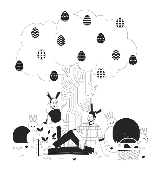 复活节彩蛋狩猎黑色和白色2D插图概念 白种人夫妇在院子里戴着小兔子耳朵的卡通人物 与白人隔离 四月东方隐喻单色矢量艺术 — 图库矢量图片