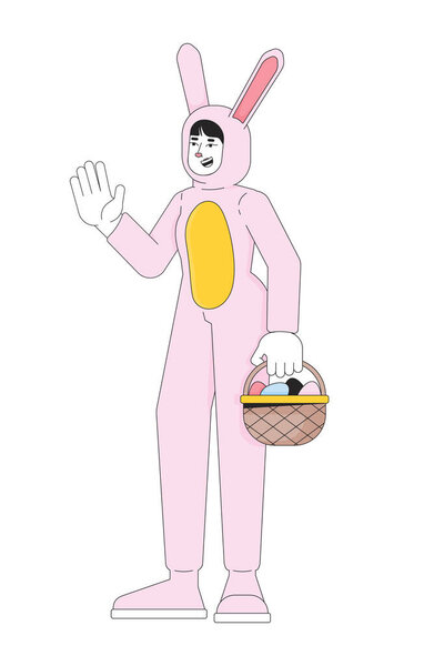 Easter bunny woman asian 2D linear cartoon character. Young adult female mascot rabbit isolated line vector person white background. Hare costume girl holding basket color flat spot illustration
