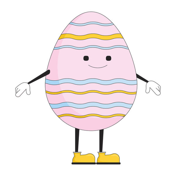 Easter happy egg with arms and legs 2D linear cartoon character. Smiling face easteregg isolated line vector personage white background. Cheerful eggshell Eastertime color flat spot illustration
