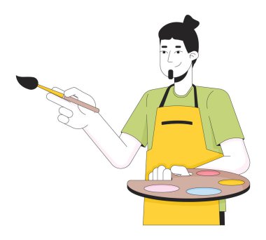 Elinde fırça tutan beyaz bir adam, sanat paleti 2D çizgisel çizgi film karakteri. Sakallı yetişkin erkek ressam, izole edilmiş çizgi taşıyıcısı, beyaz arka plan. Boyama araçları düz nokta çizimi rengi