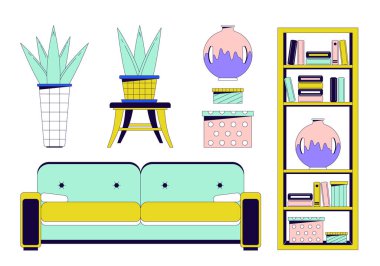 Oturma odası 2 boyutlu çizgisel nesneler seti hazırlıyor. Ev tasarımı izole edilmiş çizgi vektör elementleri beyaz arkaplan. Minimalist mobilya düzenleme rengi düz nokta illüstrasyon koleksiyonu