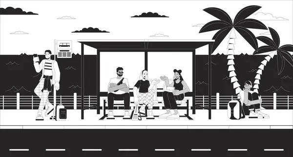 Seaside Bus Stop Crowded Black White Cartoon Flat Illustration Commuter — Stock Vector
