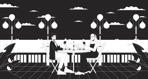 Romantisches Restaurant Der Nähe Des Meeres Schwarz Weiß Zeichentrickfilm Flache — Stockvektor
