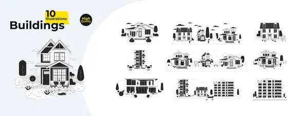 Houses Types Black White Cartoon Flat Illustration Bundle Modern Residential — Stock Vector
