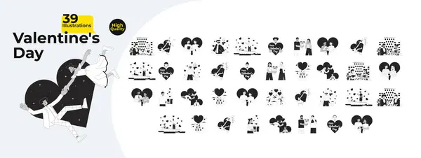 情人节浪漫的黑色和白色的2D插图概念捆绑在一起 多样化的夫妇漫画轮廓人物孤立在白色上 日期14 2月隐喻单色矢量艺术收藏 — 图库矢量图片