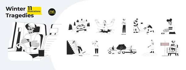Peligros Invierno Dibujos Animados Blanco Negro Paquete Ilustración Plana Congelación — Vector de stock