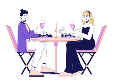 Heteroseksüel çift romantik randevu 2D çizgi film karakterleri. Kafkasyalı yetişkin sevgili, beyaz arka plandaki vektör hatlarını izole etmiş. Hızlı randevu rengi düz nokta illüstrasyonu