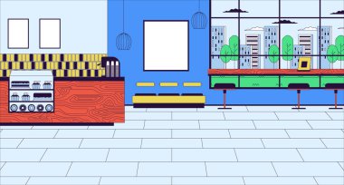 Çizgi film resimlerinin içinde bir kafe. Kafeterya tezgahı. Kahve hokeyi kapalı 2D hat iç mimari renkli arka plan. Lokanta lokantası. Cafe pastanesi. İnsanların sahne vektör anlatımı görüntüsü yok.