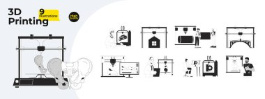 3D basım teknolojisi siyah beyaz çizgi film düz çizim paketi. Çeşitli endüstri teknisyenleri 2D çizgi sanatı karakterleri izole edildi. Katkı üreten monokrom vektör ana hatlı resim koleksiyonu