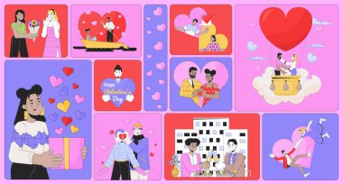 Romantizm günü bento ızgara çizimi seti. Romantik tarih 14 Şubat 2D vektör resim kolajı grafik koleksiyonu. Eşcinsel çiftler, lezbiyenler, düz karakterler...