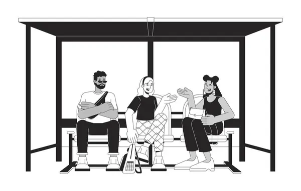 Diverse Passagiers Wachten Bushalte Zwart Wit Lijn Stripfiguren Multiculturele Volwassenen — Stockvector
